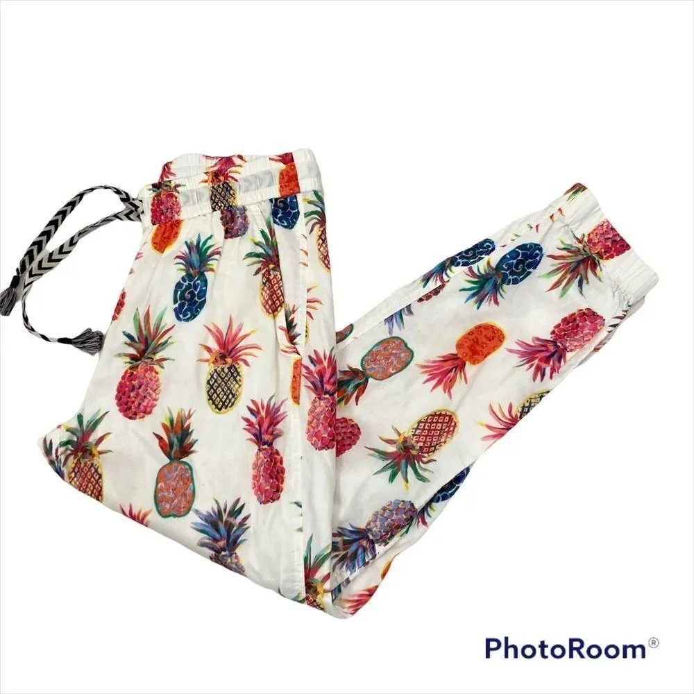 WOMEN'S J CREW SEASIDE PULL ON PANTS IN‎ WHITE RATTI PAINTED PINEAPPLES Size 0